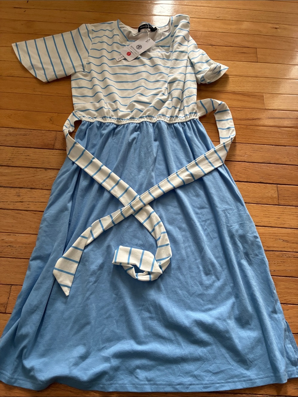 Striped Top & Blue Skirt Tie-Waist Dress